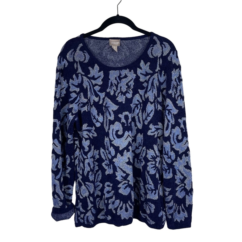 Chico's Women's 2 Blue Silver Metallic Floral Sweater Knit Top Long Sleeve